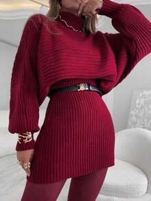 Mayra Women's Knit Set With Batwing Sleeves And Short Skirt In Mousse - Red - View 1
