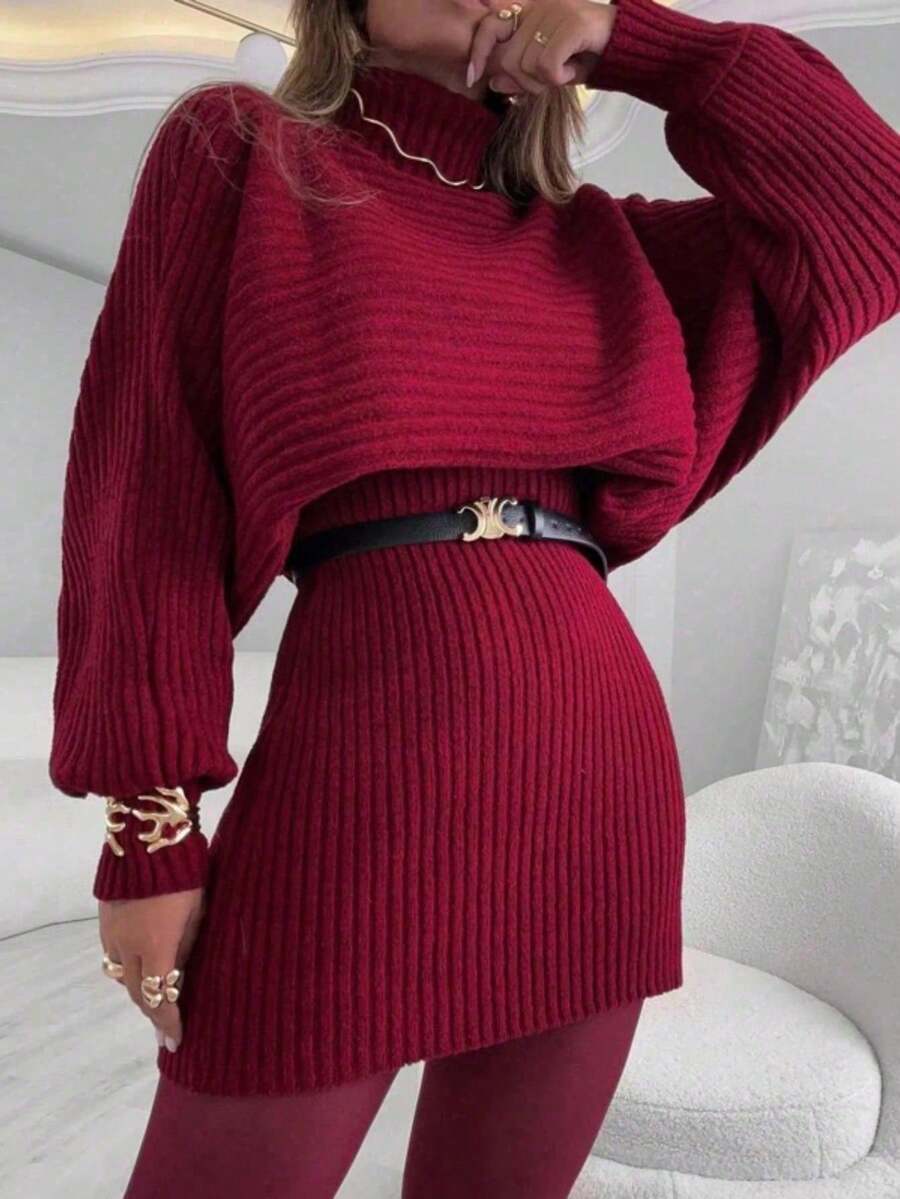 Mayra Women's Knit Set With Batwing Sleeves And Short Skirt In Mousse - Red - View 1