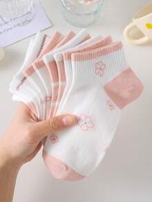 5 pares de calcetines de tobillo para mujer con diseño de corazones y flores en color rosa, transpirables y antideslizantes, aptos para primavera y verano - Rosa - Ver 4