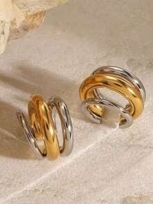 1 Set 2-Tone Gold & Silver Multi-Layer Ear Cuff Earrings, No Piercing Required, Stainless Steel Material, Minimalist & Elegant, Suitable For Daily Wear And Party Looks - Multicolor - View 6
