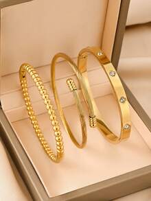 3pcs/Set Stainless Steel Bangle Set, Vintage Coin Design, Layered Or Single Wear, 1 Week No Repeat, Elevate Outfit Quality, Non-Fading, Suitable For Daily Wear, Commute, Gathering, Party, Date, Vacation - Gold - View 7