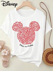 Disney Heart Head "Love Xxx " Graphic Women's Short Sleeve T-Shirt Sweet Valentine's Casual Top - 白色 - 查看 1