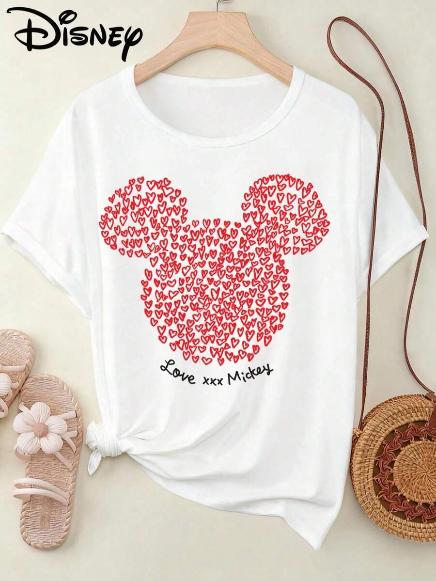 Disney Heart Head "Love Xxx " Graphic Women's Short Sleeve T-Shirt Sweet Valentine's Casual Top - 白色 - 查看 1