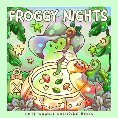 GDTME 一本成人涂色书，附赠5张随机贴纸。封面采用清新渐变的色彩，描绘了一幅神奇的青蛙巫师场景，营造出一种治愈的氛围。内页包含各种青蛙生活场景的线条画，从蘑菇丘比特到秘密花园和月光下的休憩，细致展现了青蛙可爱的日常生活。
