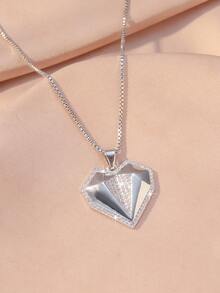 Hihho 1件套光滑银色全镶锆石三角形和心形吊坠项链，精致盒式链设计，搭配光泽心形和镶钻三角形吊坠。 - 心形 - 查看 9