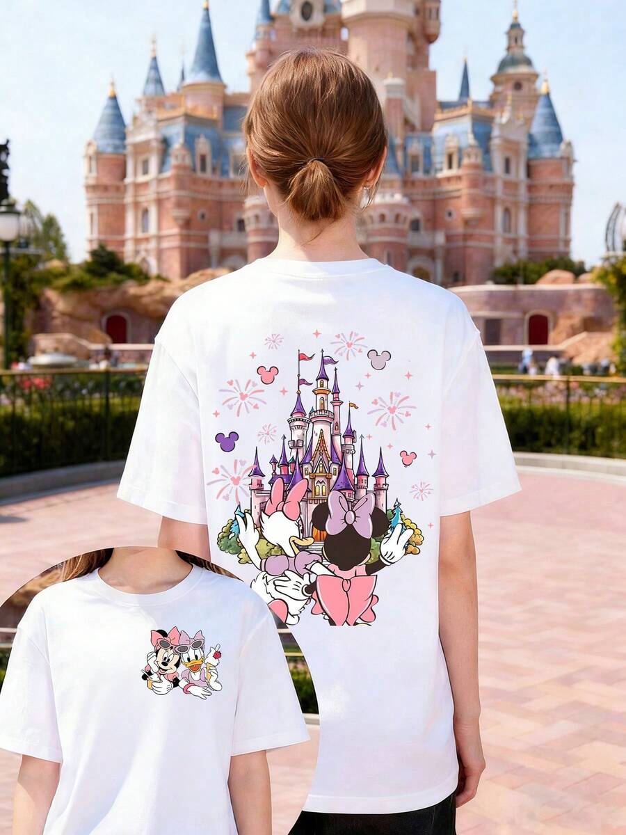 Licensed Disney, This Women's Summer Cotton T-Shirt Features A Cartoon Image Of Minnie Mouse Interacting With Donald Duck Wearing A Bow Tie On The Front. The Overall Style Is Cute And Fresh. The Back Design Includes A Disney Castle, Minnie/Donald Duck/Mickey Mouse Characters, Fireworks, And Mickey Mouse Head Decorations, Creating A Dreamy Disney-Themed Atmosphere. Suitable For Everyday Wear, It Makes An Ideal Valentine's Day Gift For Friends And Family. Women's, Spring Women's Clothing, Suitable For Outdoor Wear, Comfortable And Gentle On The Skin. - White - View 1