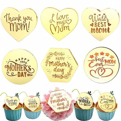 10 piezas Feliz Día de la Madre Mejor mamá siempre Espejo dorado Rosa dorada Acrílico Te amo mamá Decoración de cupcake para el pastel del Día de la Madre