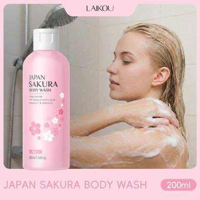 LAIKOU 1瓶200毫升日本樱花香氛保湿沐浴露，泡沫丰富，适合浴室清洁、旅行、露营、徒步旅行、户外活动