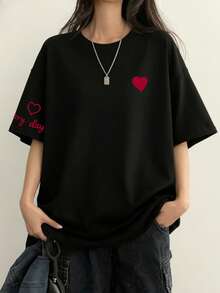 Japanese Style Women's Loose Round Neck Short Sleeve T-Shirt With Letter & Heart Print, Spring/Summer - Black - View 3