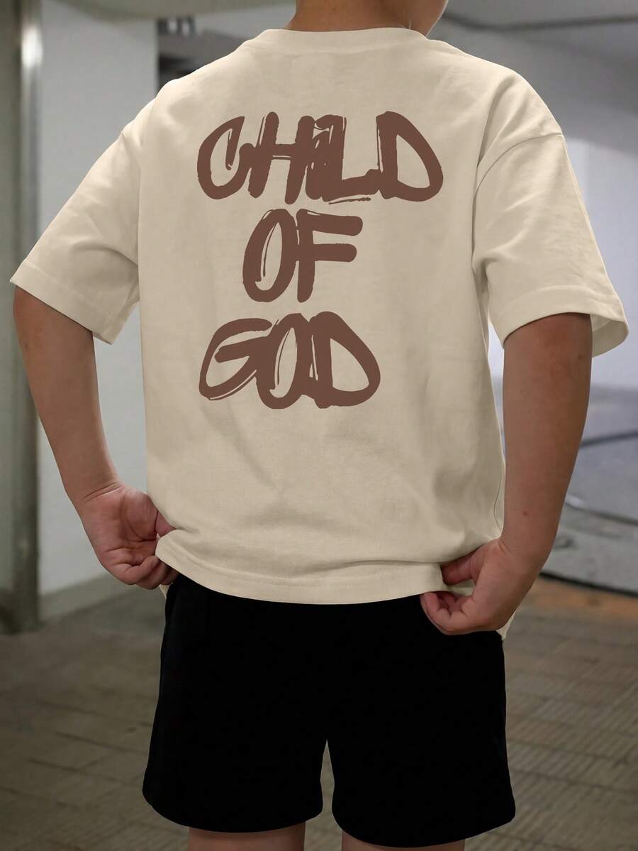 夏季休闲圆领短袖T恤，适合男孩和年轻学生穿着 - 时尚英文字母图案T恤，献给每一位年轻的探索者！童装男童图案T恤 - 杏色 - 查看 1