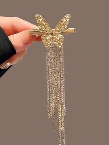 1pc Rhinestone Tassel Butterfly Hair Clip, Elegant Side Bangs Hairpin - Multicolor - View 9