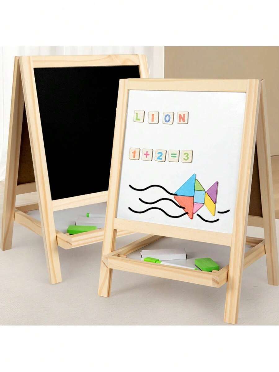 1pc Kids Wooden Desktop Painting Easel With Chalkboard And Whiteboard, Includes Chalk, Markers, Eraser, Magnetic Letters For Classroom Desk Easel - Multicolor - View 1