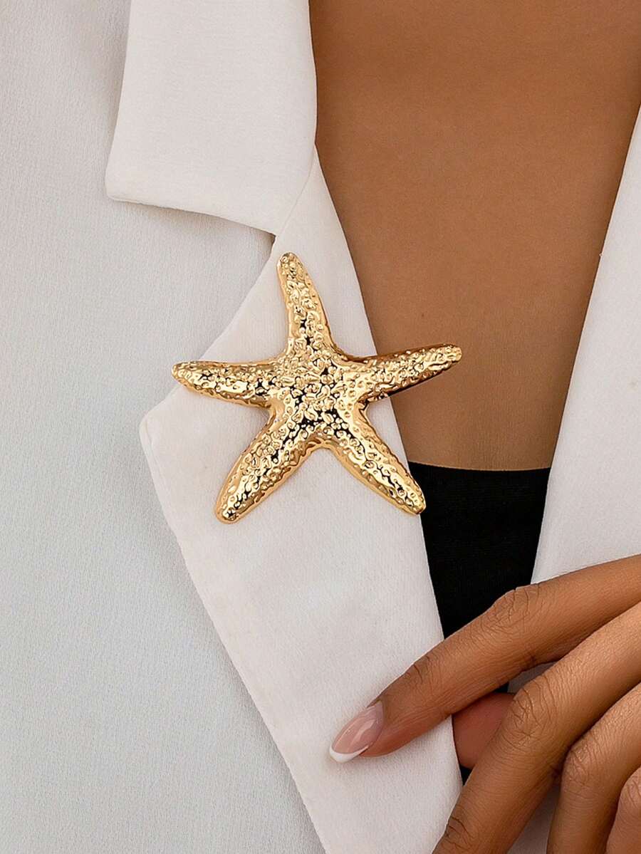 1pc Fashionable Exquisite Gold Hammered Starfish Brooch, Suitable For Women In Summer, Vacation, Party, Attractive High-End New Gift Jewelry - Yellow Gold - View 1