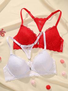 mimilemon 2pcs Front Closure Lace Underwire Push-Up Bra Set - Sexy Back Design, Comfortable Supportive Fit, Suitable For Daily & Sexy Looks - Multicolor - View 9
