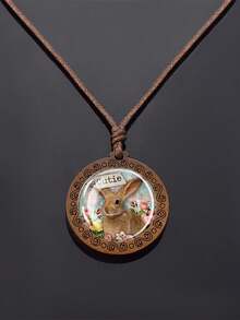 1PC Animal Themed Rabbit Pattern Dome Glass Inlaid With Retro Texture Design Wooden Pendant Necklace, Paired With A Rope Chain, Suitable For Daily Wear Or As A Holiday Gift. - Chocolate Brown - View 18