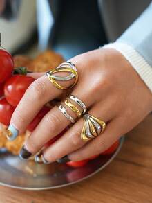 Frminee 3 PCS / 1 PC Stainless Steel Geometric Line Wide Ring 18K Gold Plated Metal Layered Waterproof Daily Simple Stylish Golden Jewelry For Women - Gold and Silver - View 5