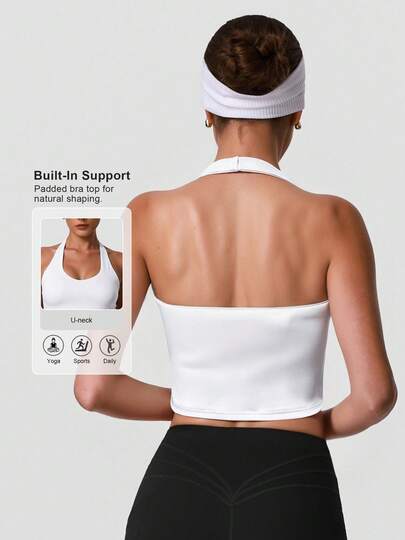 Sodalemon 女士白色露背紧身瑜伽背心，带衬垫胸罩