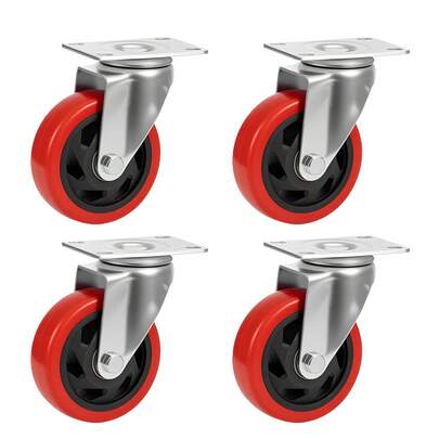 4 X Heavy-Duty 100mm Swivel Caster Wheels With Double Bearings & Brakes, Red Trolley Furniture Castors 700kg, 3 Brake Options