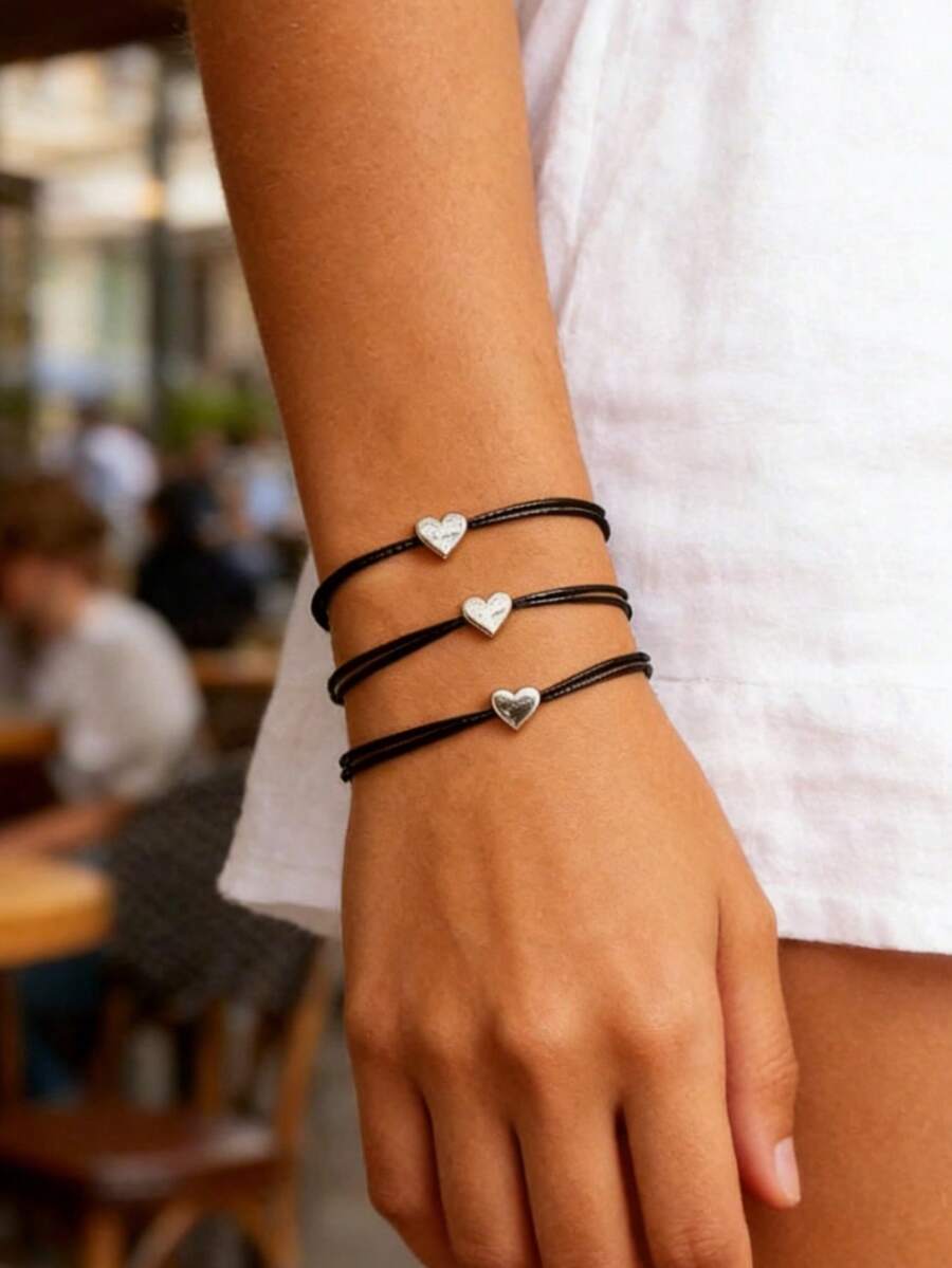 Bộ 3 vòng tay dây điều chỉnh hình trái tim CCB phong cách tối giản, đa năng, phù hợp cho nữ giới đeo hàng ngày, dự tiệc, làm quà tặng ngày Valentine. - màu đen - Xem 1