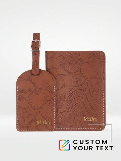 2pcs Customized Gold Foil Name Passport Cover & Luggage Tag Set, Handmade Floral Engraved Pattern, Elegant Travel Accessories, Suitable As Customized Gift For Friends And Bridesmaids Cruise Essentials