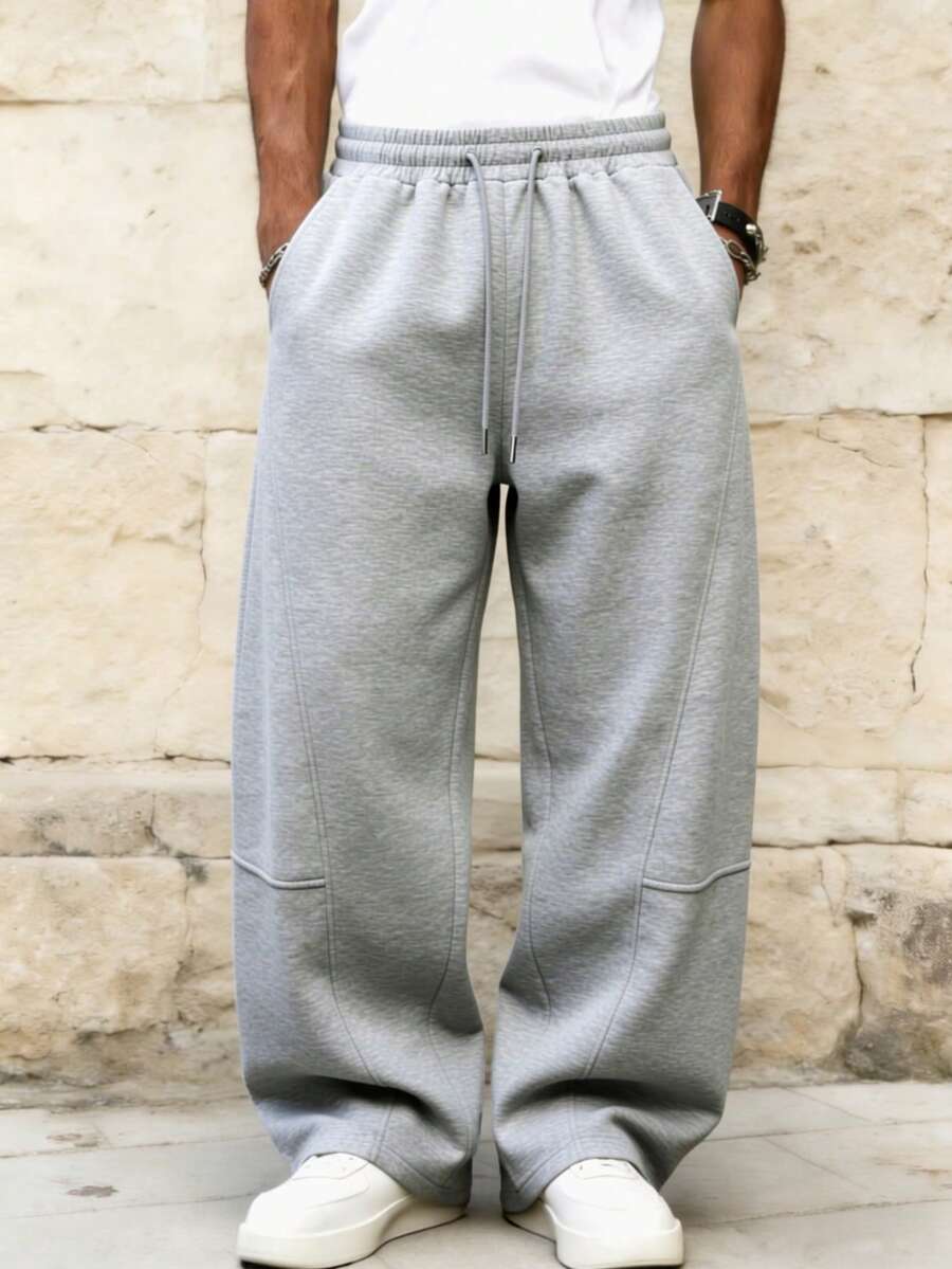 Men's Casual Straight Leg Drawstring Sweatpants, Gray Simple Trousers - Light Grey - View 1