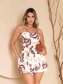Basic Printed Romper With Padded Cups Duna Premium Sizes P, M, G, And GG - White + Tropical Brown - View 2