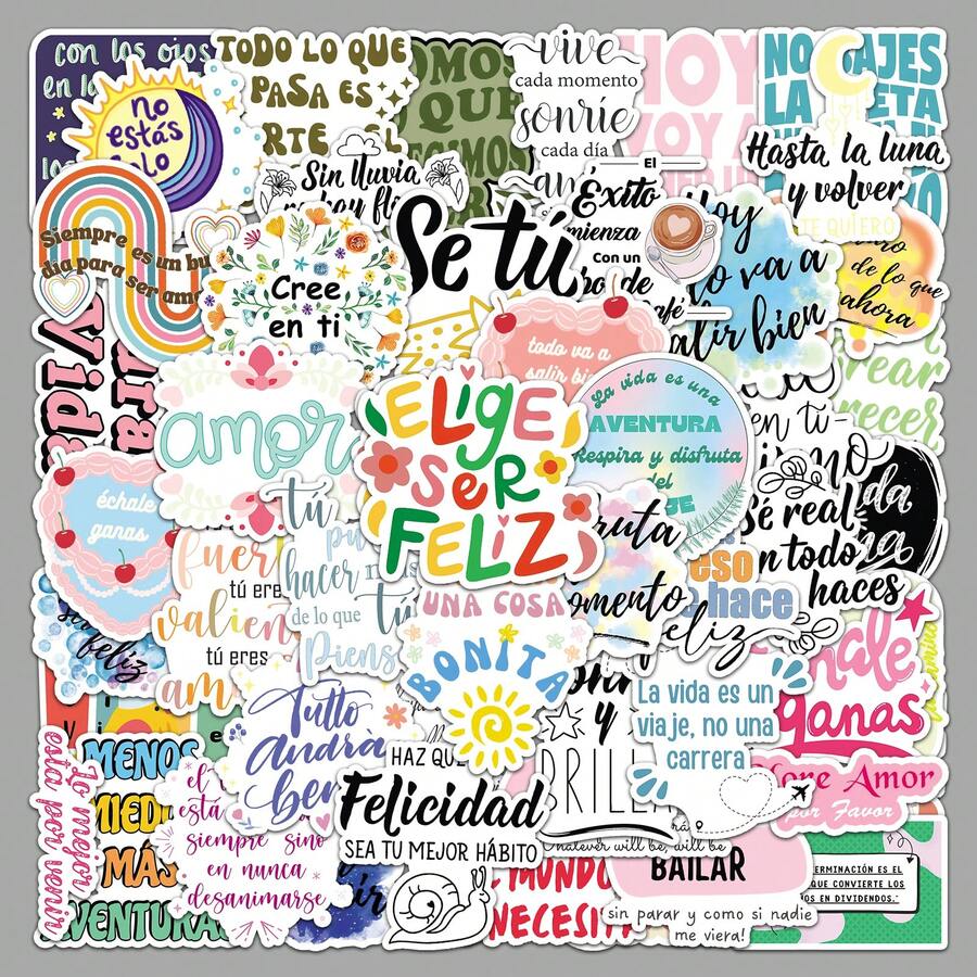 50Pcs Inspirational Spanish Stickers High-Quality And Beautiful Stickers For Scrapbook, Journaling, Laptop, Bumper, Skateboard, Water Bottles, Computer, Phone, Hard Hat, Car Stickers And Decals - Random Style - View 1