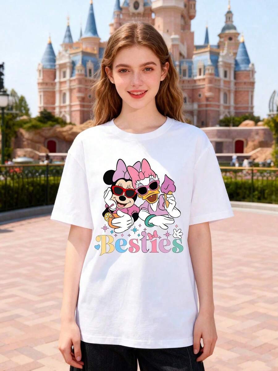 Disney Minnie Mouse & Daisy Duck "Besties" BFF Graphic Women's Short Sleeve T-Shirt Youthful & Energetic Casual Top - trắng - Xem 1