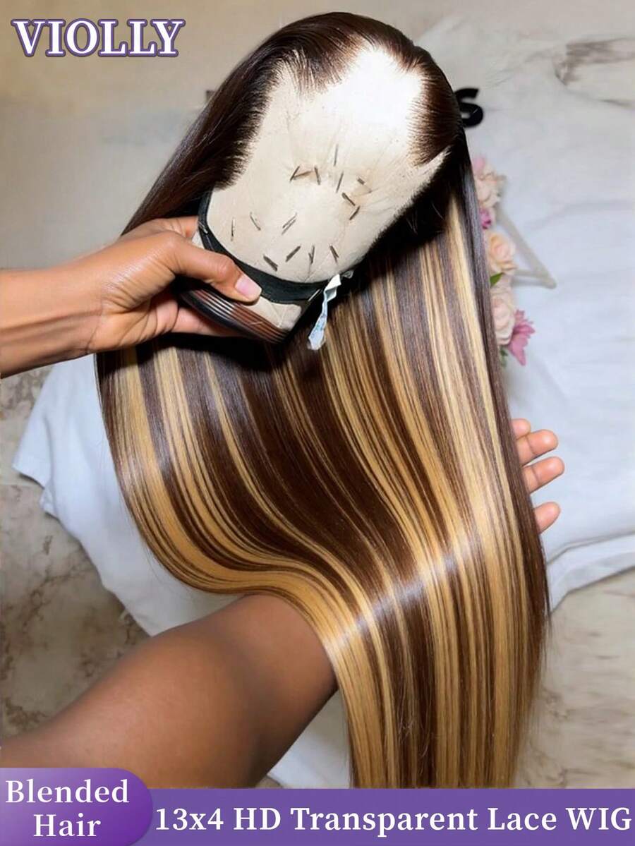 VIOLLY 28 Inch Long Black Straight Lace Front Wigs Glueless Human Hair 180% Density Women's 13x4 Full Frontal Transparent HD Lace Wig Pre Plucked Hairline With Baby Hair Can Free Part Available Brown Ombre Highlight Honey Blonde Straight 8-34 Inch 5x5 Pre Cut Lace Wear And Go Glueless Wig Throw On & Go - SP4/27 - View 1
