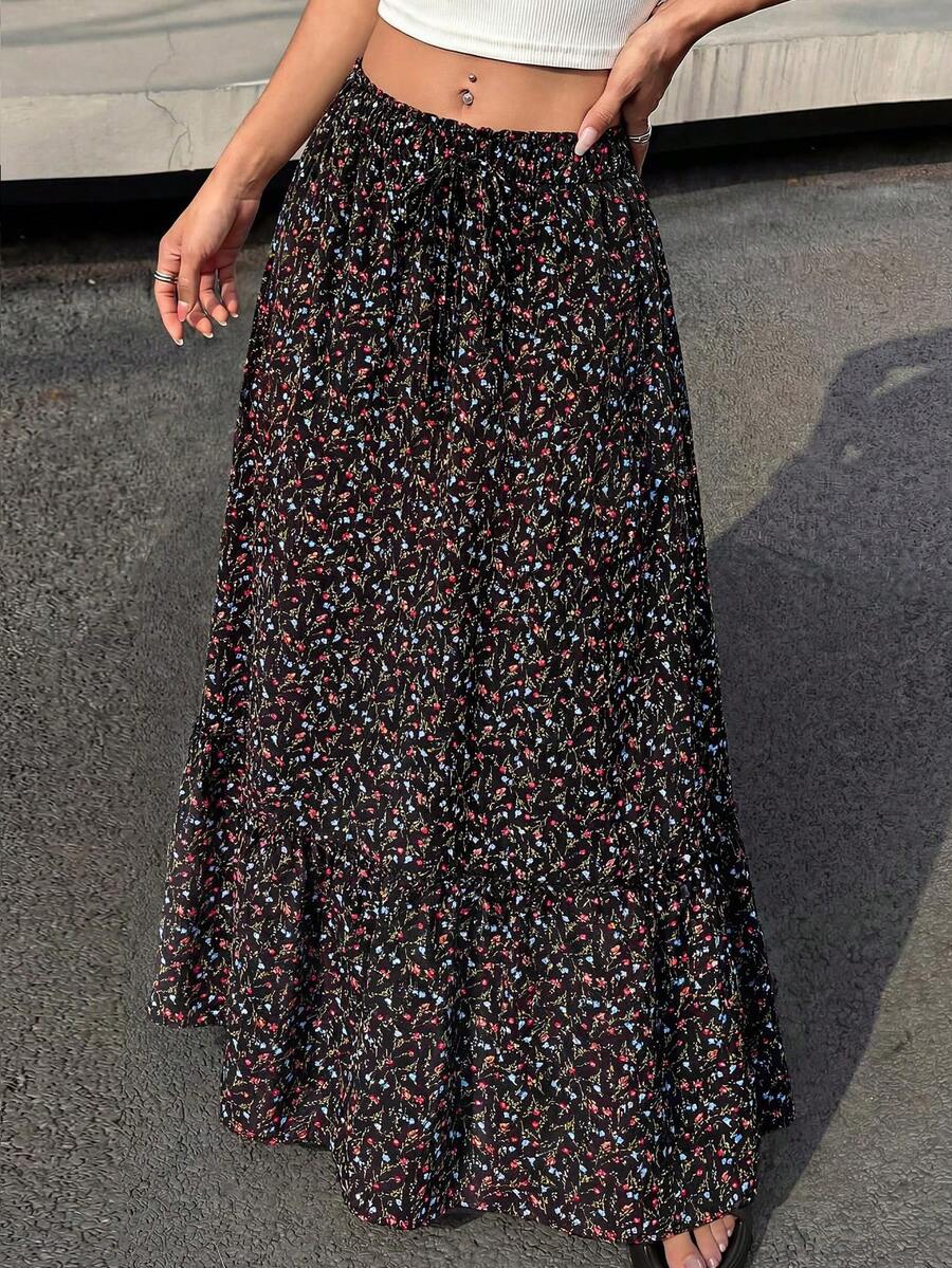 Women Floral Boho Elastic High Waist Flowy Tiered A-Line Maxi Skirt Spring Summer Holiday Beach Vacation Long Skirts With Pockets - 黑色紅色花 - 查看 1