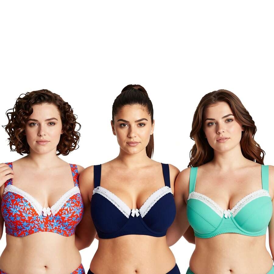 Women's Plus Size Underwired Unlined Balconette Cotton Bra - 海軍藍,淺綠色,橘色印花(3 件裝) - 查看 1