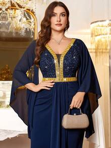 Đầm maxi dự tiệc trang trọng, cổ chữ V sâu, chất liệu chiffon đính sequin, ren, tay áo cánh bướm, phối ren vàng, xếp ly phía trước, vạt đuôi cá, phù hợp cho khách dự đám cưới, sinh nhật, lễ tốt nghiệp, tiệc gala và các dịp khác. Thanh lịch mùa xuân. - Màu xanh hải quân - Xem 7