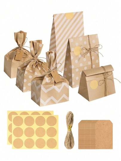 24 Pcs Kraft Paper Bags With Stickers Tags, 4 Styles Party Favor Bags For Baby Shower, Weddings, Birthdays, Retail, Lunch Treats