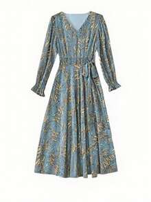 Dresses For Women Vestidos Elegantes De Mujer Women's Black Diamond Print V-Neck Lantern Sleeve Midi Dress, Elegant Commuter Style Spring, Summer And Autumn Valentines Day Outfit Spring Outfits For Women Festival Outfits For Women Concert Outfit Women Womens Tops Spring Break Outfits Brunch Outfits For Women Valentines Clothes Summer Outfits - 灰色 - 查看 5