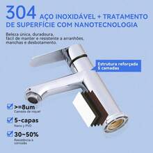 Torneira Misturador Banheiro Prata Aço Inoxidável 304 Monocomando Quente E Fria Para Bancada Com Cartucho Cerâmico Anti Gotejamento Winda - prata - Visão 11