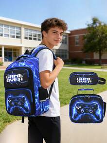 1 Set Kids Backpack With Cool Graphic, Game Controller Print Backpack With Lunch Bag, Zipper Closure, Multi-Pocket Design, Suitable For Daily Wear, Camouflage Blue/Red Set - A - View 9