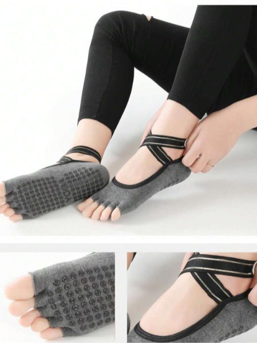 Women's Non-Slip Five-Toe Yoga Socks | Criss-Cross Design | Silicone Non-Slip Socks Suitable For Pilates, Ballet, Dance And Home Fitness, Grey - Multicolor - View 1