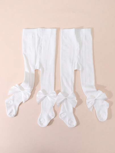 2pcs Baby Girls' Cotton Bow Decor Mesh Leggings