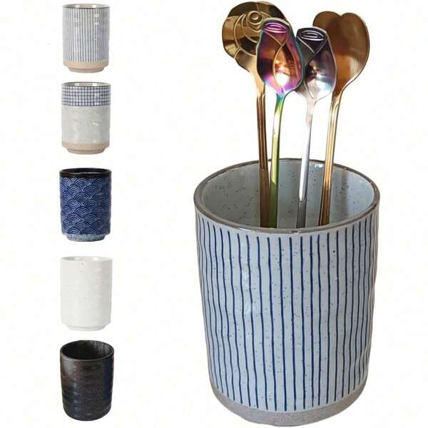 Stoneware Coffee Bar Utensil Holder Tea & Coffee Spoon & Stirrer Holder For Stir Stick Straw Teaspoon Holder Spoon Cup Small Utensil Jar (White)  WS