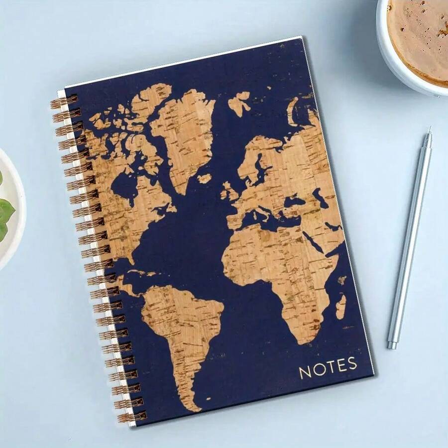 奢华世界地图螺旋笔记本 - 金色极简设计，搭配优雅蓝色封面，小巧便携，标注各大洲和主要城市 - 作家、旅行者、专业人士的理想礼物 - 便携式笔记本，适用于学校、办公室、旅行、学习用品、专业规划、时尚日记本，装订牢固，采用优质纸张，覆膜笔记本，办公用品 - 長方形 - 查看 1