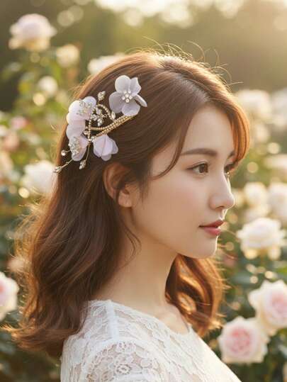 1 Pc Handmade Fairy Pink Fabric Flower Hair Clip With Sparkly Rhinestones & Crystals, Elegant Floral Side Hair Pin Wedding Party Hair Accessories For Women