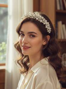 1PC French Style Faux Pearl Beaded Headband For Women, Elegant Oversized Cluster Pearl Hair Hoop, Bridal Wedding Party Hair Accessories, Chic Glossy Headpiece - 銀色 - 查看 3