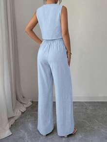 Women's Summer Two Piece Outfit Fashion Button Down V Neck Wheat Vest Blazer And Wide Leg Pants Suit Matching Set - 天藍色 - 查看 5