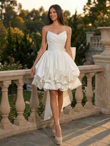 White Woven Fabric Strapless Multi-Layer Maxi Dress, Zipper Closure, Bridal Gift, Party Style - White - View 6