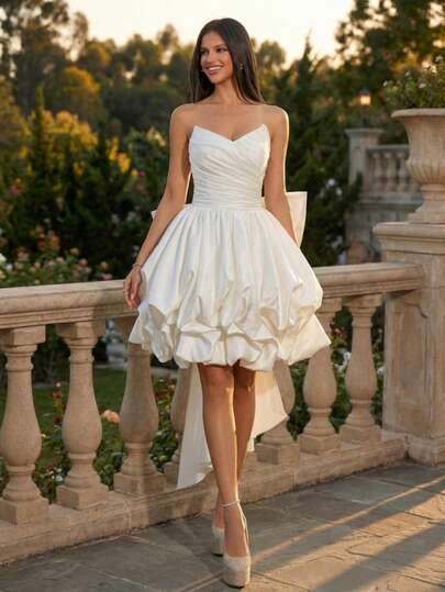 White Woven Fabric Strapless Multi-Layer Dress, Zipper Closure, Bridal Gift, Party Style Wedding Spring