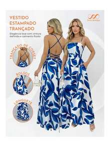 Women's Long Dress With Leaf Print, Crossed Straps, Casual, Summer, Tropical - 綠色 - 查看 4