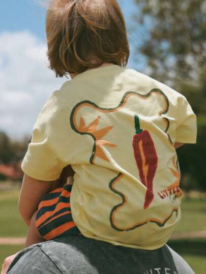 1pc Girls Toddler Summer New Short Sleeve T-Shirt, European And American Street Style, Funny Hand-Painted Red Chili Graffiti, Large Back Print, Loose Round Neck Pure Cotton Top, Skin-Friendly Breathable, Vacation Casual Versatile