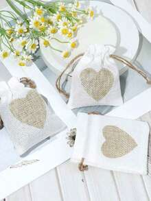 心形亚麻束口袋，心形印花亚麻礼品袋，迷你礼品袋/首饰袋，非常适合婚礼、伴娘礼物、派对、生日和其他节日活动，也可作纪念品。 - 彩色 - 查看 2