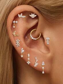 1Pc 925 Sterling Silver Classic Geometric Elements Cubic Zirconia Stud Earring Flat Back Cartilage Helix Piercing Suitable For Women'S Daily Wear, Parties, Wedding, And Banquet Occasions - Gold - View 2