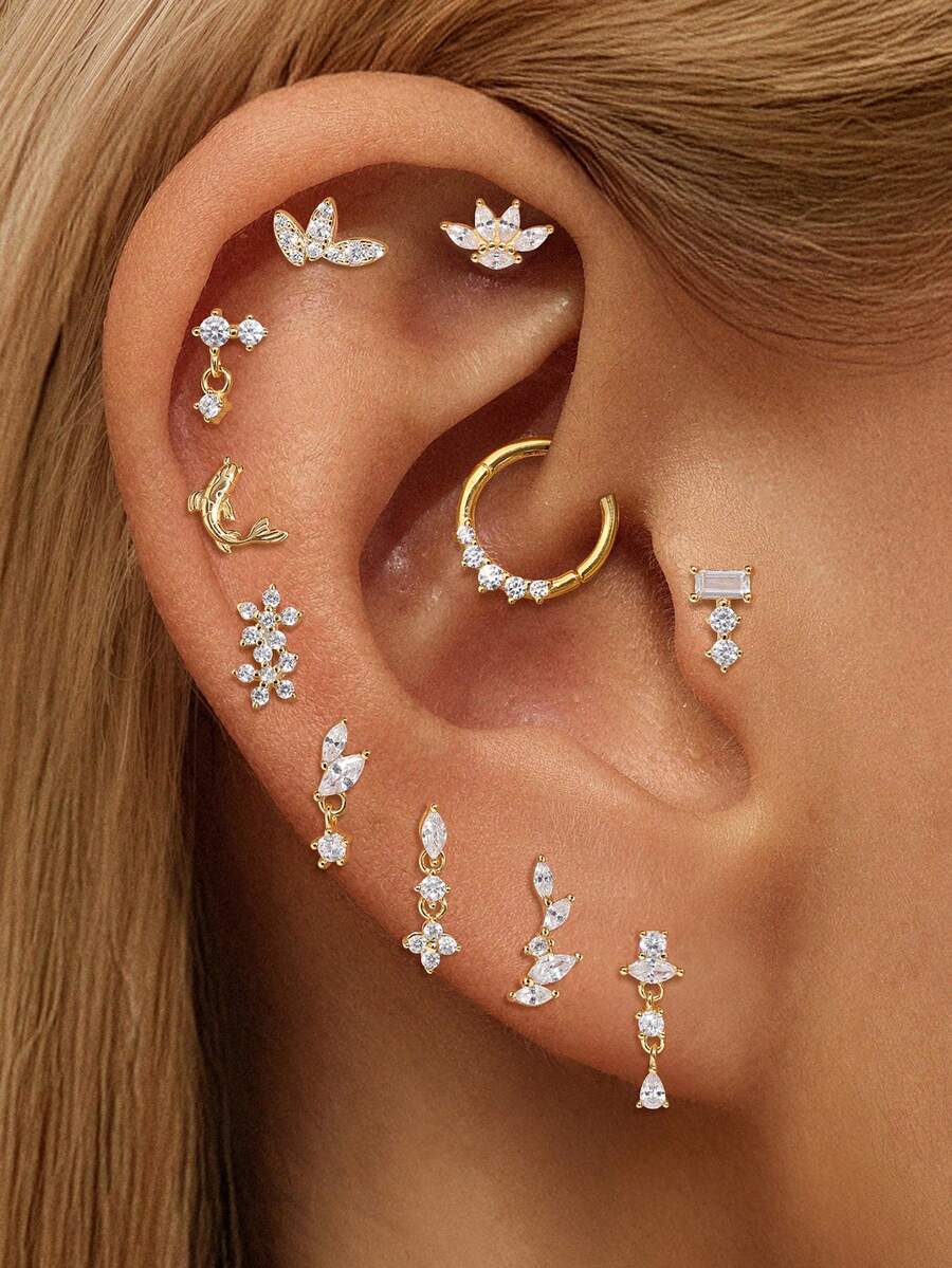 1Pc 925 Sterling Silver Classic Geometric Elements Cubic Zirconia Stud Earring Flat Back Cartilage Helix Piercing Suitable For Women'S Daily Wear, Parties, Wedding, And Banquet Occasions